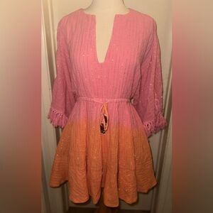 Sundress ombré Pink and Orange V-Neck Dress with Fringe Sleeves